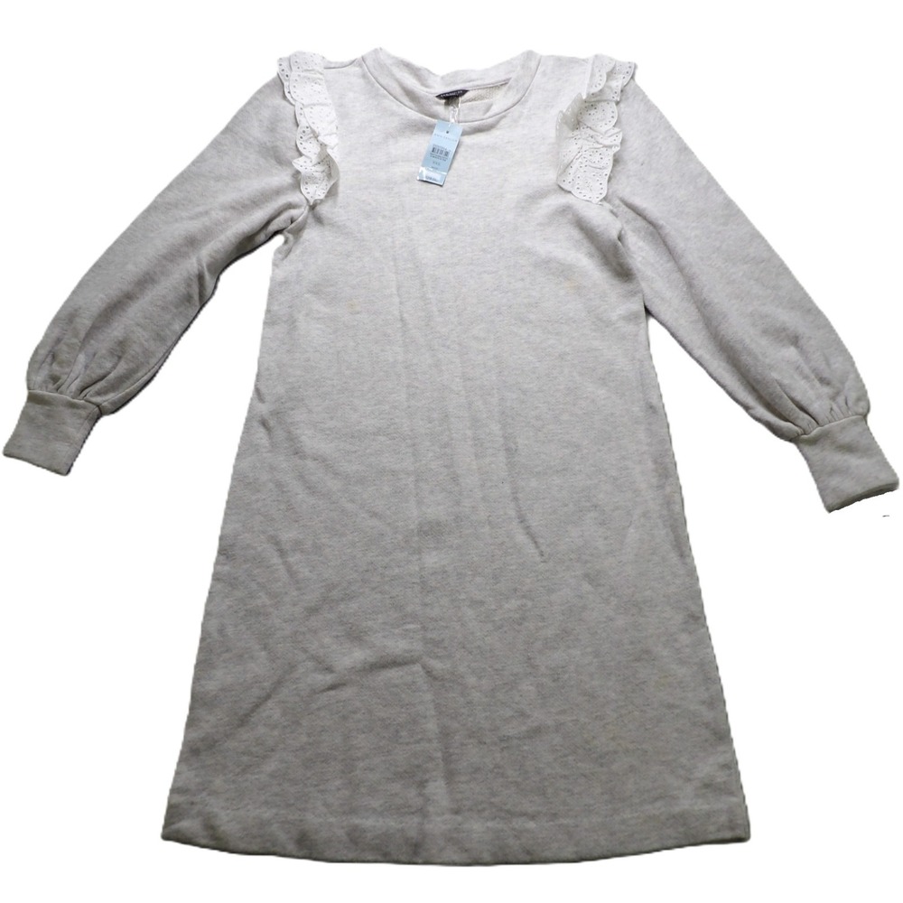 NWT Ann Taylor Petite Sweatshirt Dress XXS Gray Cotton Eyelet Ruffle Long Sleeve